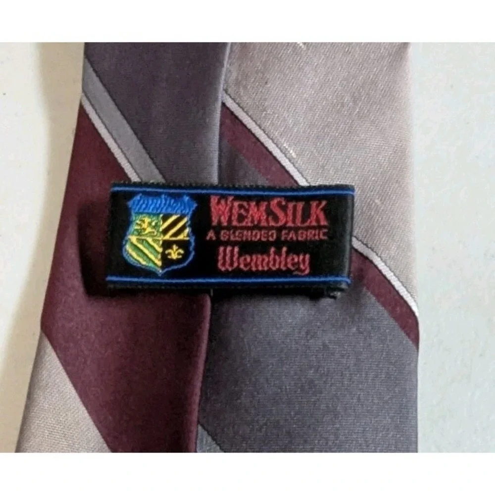 Vintage Wembley WemSilk Tie Mens Burgundy Grey Silver Striped Silk Blend Retro